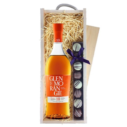Glenmorangie 10 Year Old Single Malt Whisky & Heart Truffles, Wooden Box